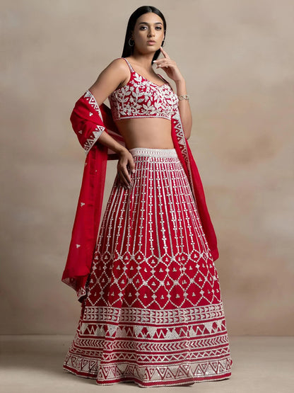 Tulsi Art Marvelous Red Thread Work Georgette Sangeet Wear Lehenga Choli