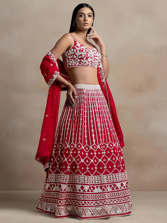 Tulsi Art Marvelous Red Thread Work Georgette Sangeet Wear Lehenga Choli