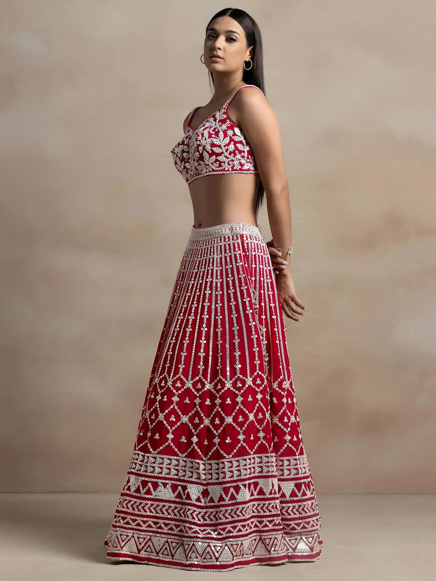Tulsi Art Marvelous Red Thread Work Georgette Sangeet Wear Lehenga Choli