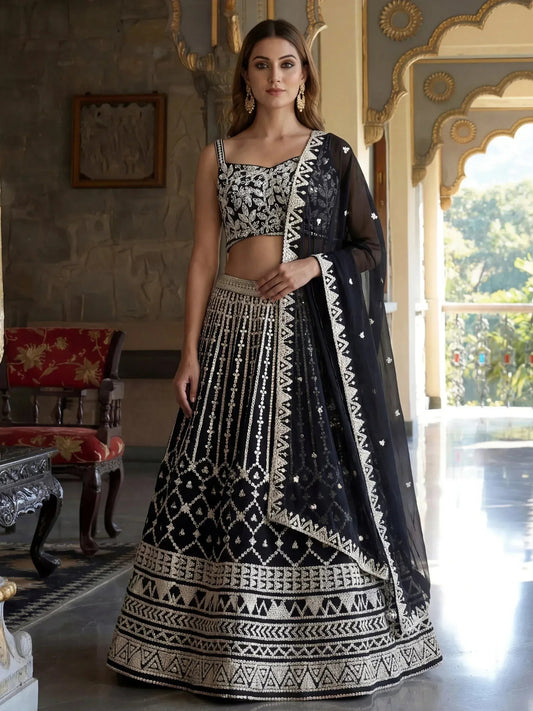 Tulsi Art Classic Black Sequins Embroidered Georgette Wedding Wear Lehenga Choli