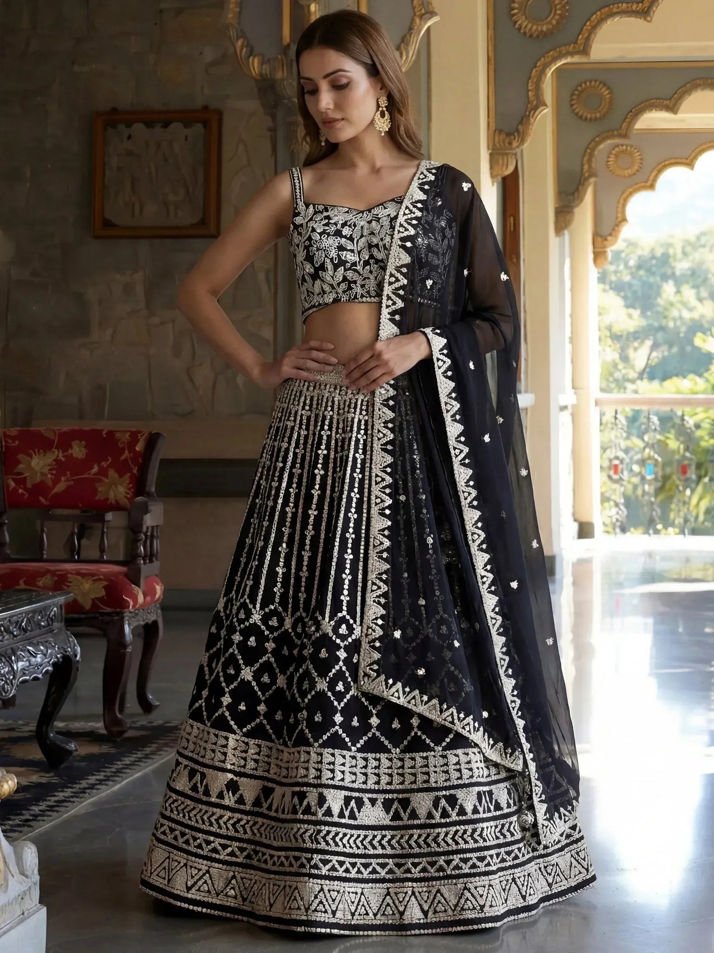 Tulsi Art Classic Black Sequins Embroidered Georgette Wedding Wear Lehenga Choli