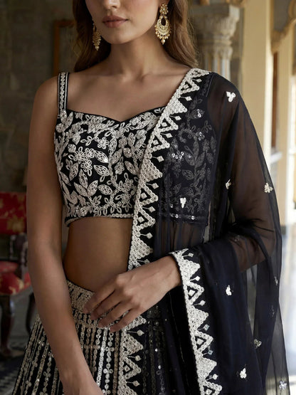 Tulsi Art Classic Black Sequins Embroidered Georgette Wedding Wear Lehenga Choli