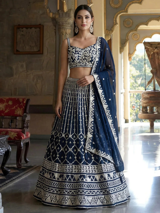 Tulsi Art Pretty Blue Sequins Embroidered Georgette Reception Wear Lehenga Choli
