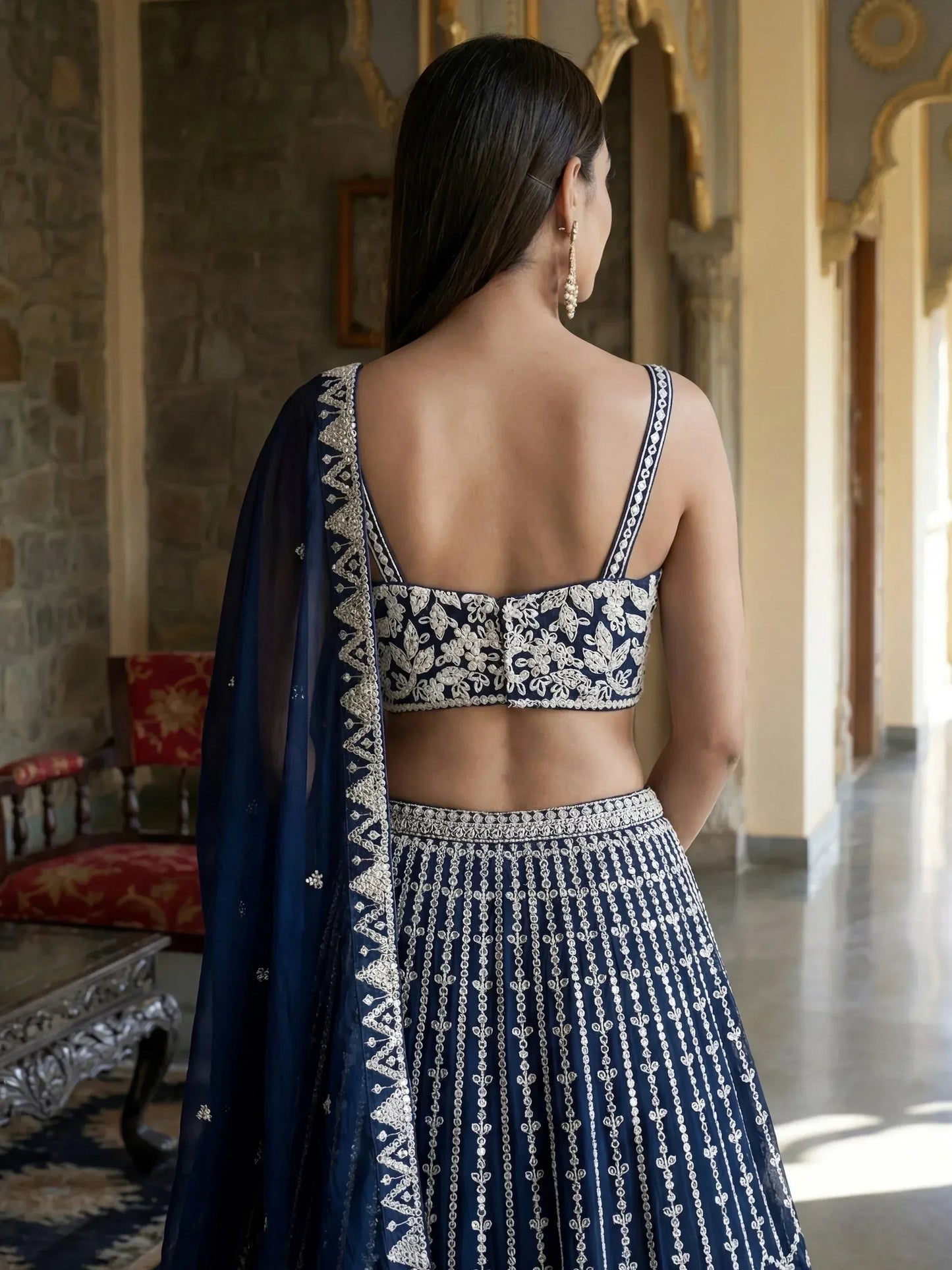Tulsi Art Pretty Blue Sequins Embroidered Georgette Reception Wear Lehenga Choli
