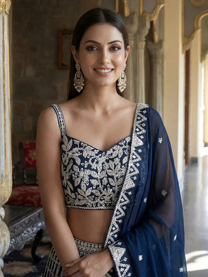 Tulsi Art Pretty Blue Sequins Embroidered Georgette Reception Wear Lehenga Choli