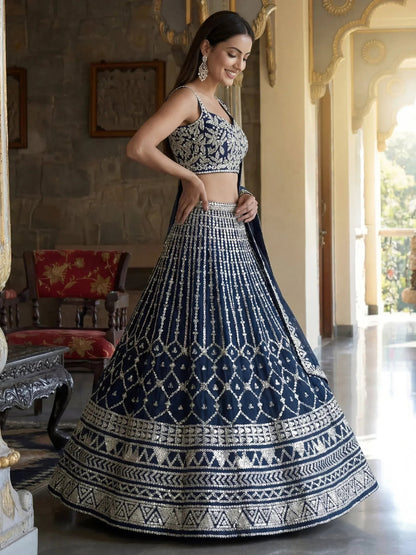 Tulsi Art Pretty Blue Sequins Embroidered Georgette Reception Wear Lehenga Choli