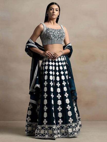 Tulsi Art Lovely Dark Green Thread Work Georgette Festival Wear Lehenga Choli