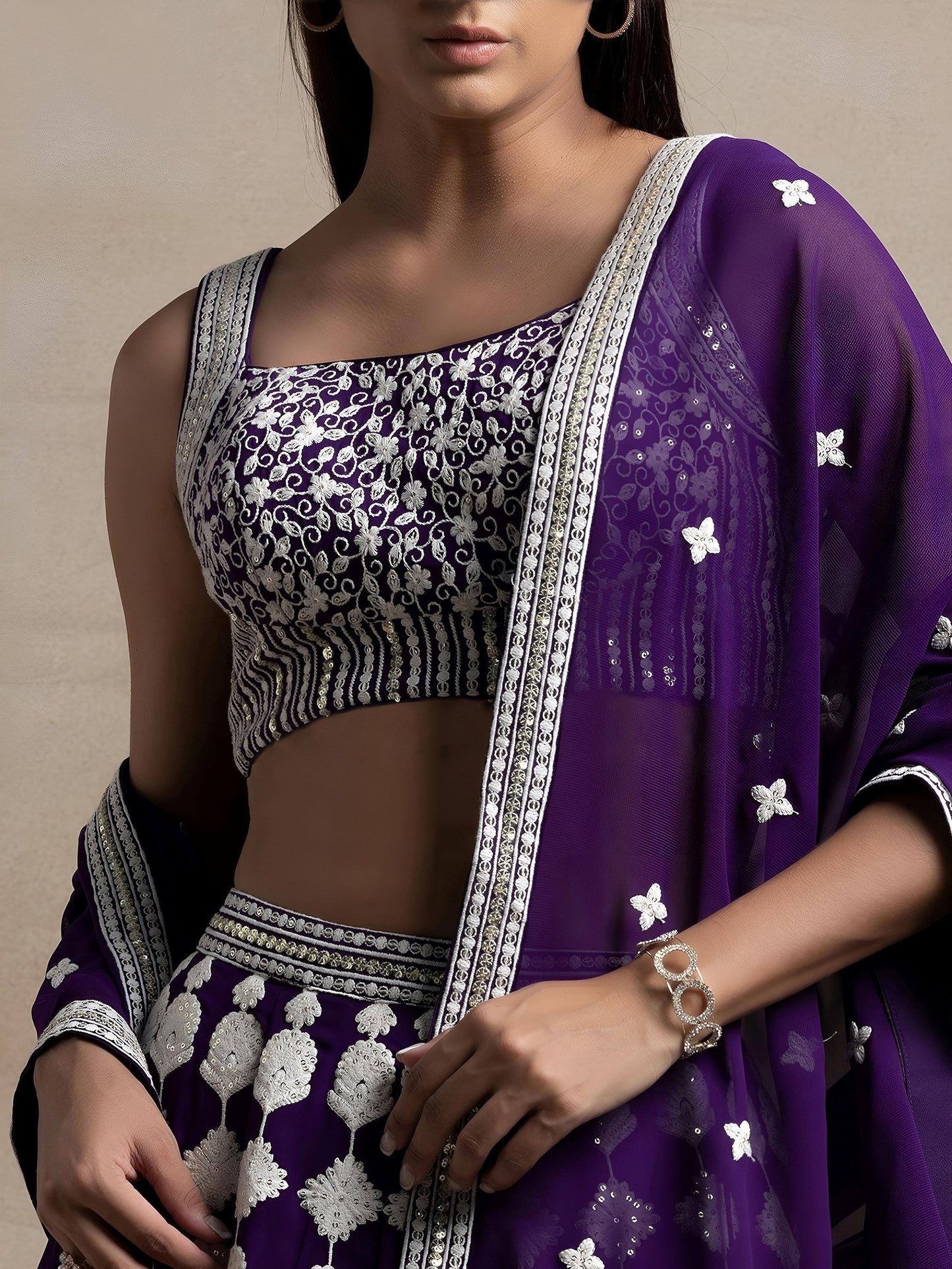 Tulsi Art Beautiful Purple Thread Work Georgette Wedding Wear Lehenga Choli