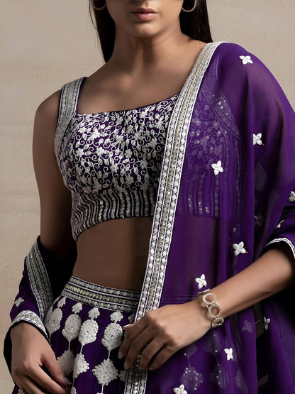 Tulsi Art Beautiful Purple Thread Work Georgette Wedding Wear Lehenga Choli
