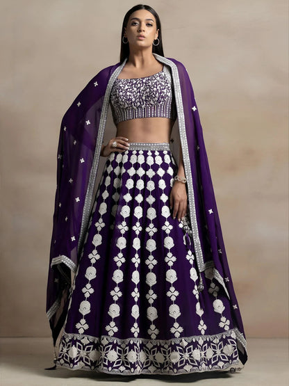 Tulsi Art Beautiful Purple Thread Work Georgette Wedding Wear Lehenga Choli