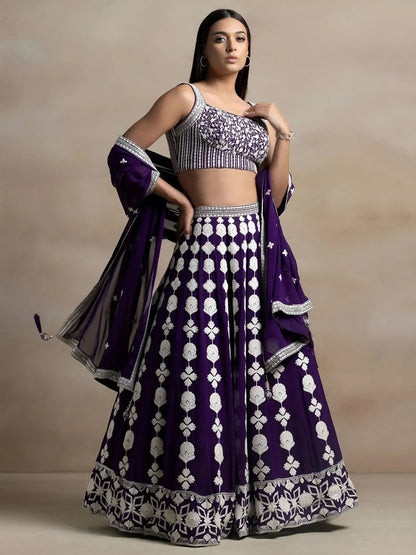Tulsi Art Beautiful Purple Thread Work Georgette Wedding Wear Lehenga Choli