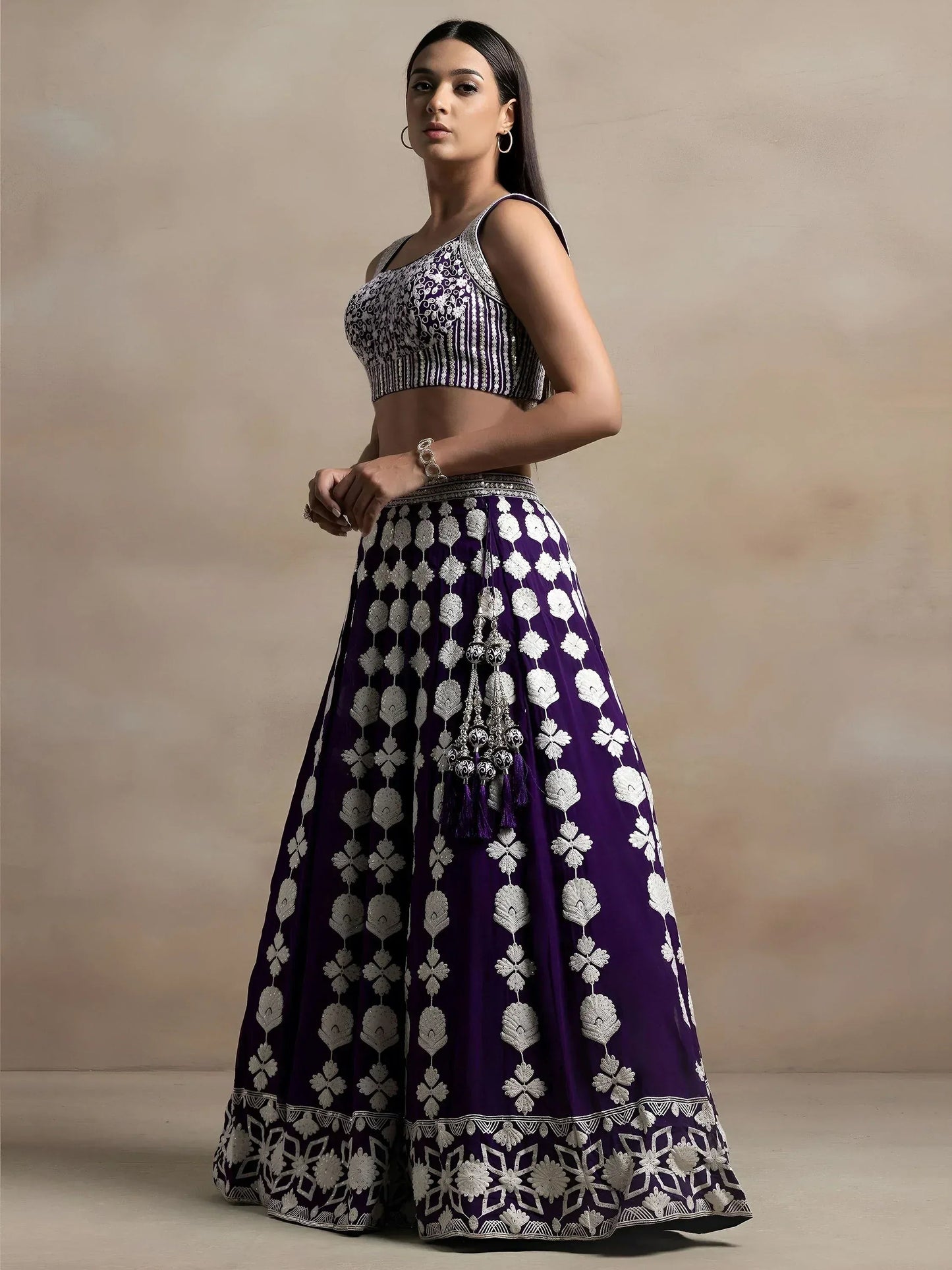 Tulsi Art Beautiful Purple Thread Work Georgette Wedding Wear Lehenga Choli