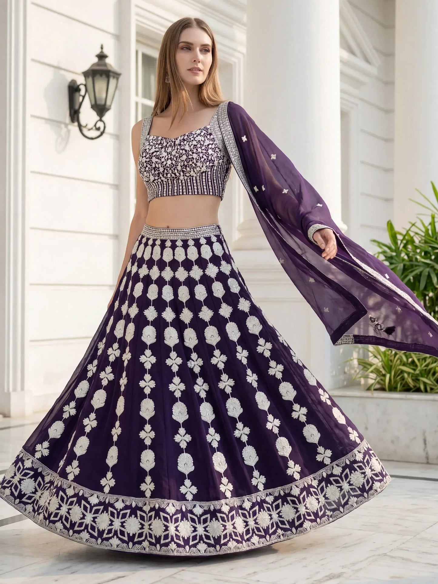 Tulsi Art Dazzling Purple Sequins Embroidered Georgette Party Wear Lehenga Choli