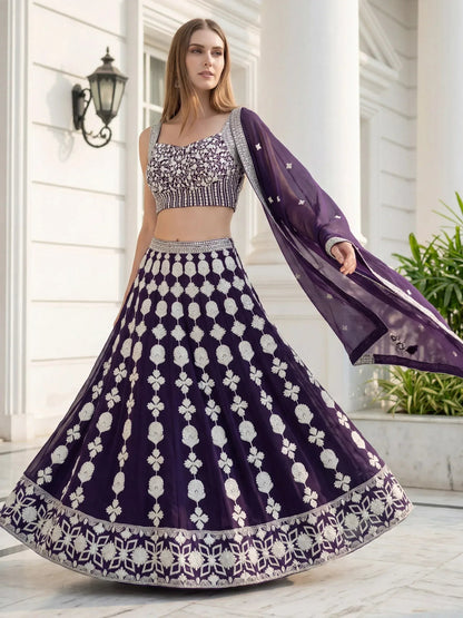Tulsi Art Dazzling Purple Sequins Embroidered Georgette Party Wear Lehenga Choli