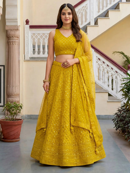 Tulsi Art Fantastic Yellow Embroidered Georgette Haldi Wear Lehenga Choli