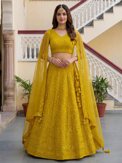Tulsi Art Fantastic Yellow Embroidered Georgette Haldi Wear Lehenga Choli