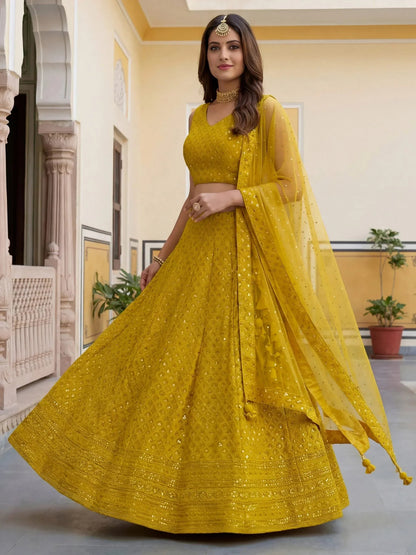 Tulsi Art Fantastic Yellow Embroidered Georgette Haldi Wear Lehenga Choli