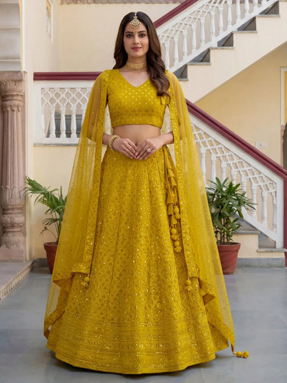 Tulsi Art Fantastic Yellow Embroidered Georgette Haldi Wear Lehenga Choli