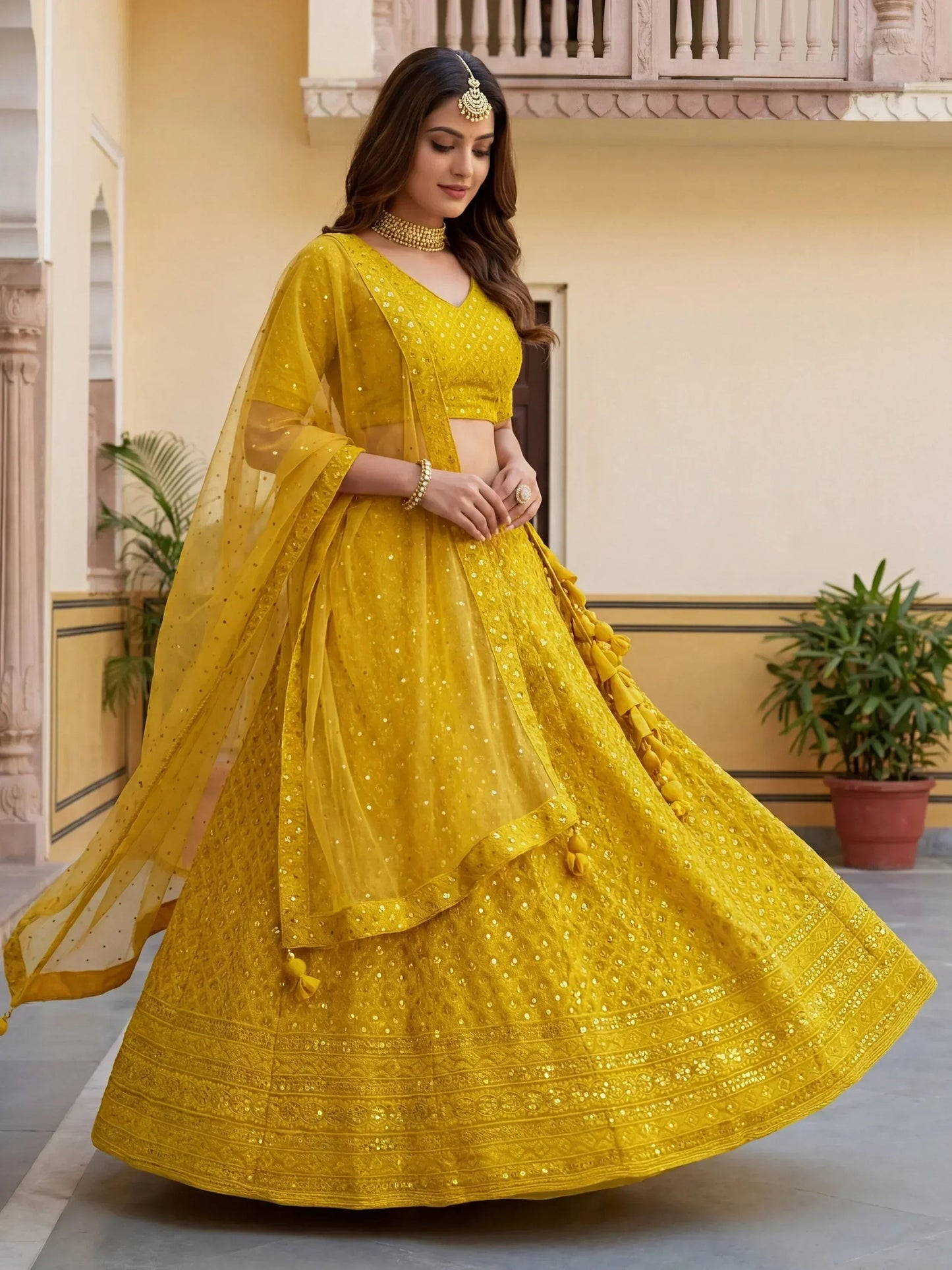 Tulsi Art Fantastic Yellow Embroidered Georgette Haldi Wear Lehenga Choli