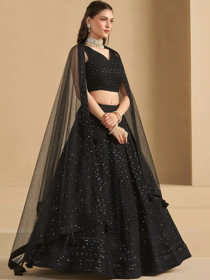 Tulsi Art Captivating Black Thread Work Georgette Party Wear Lehenga Choli