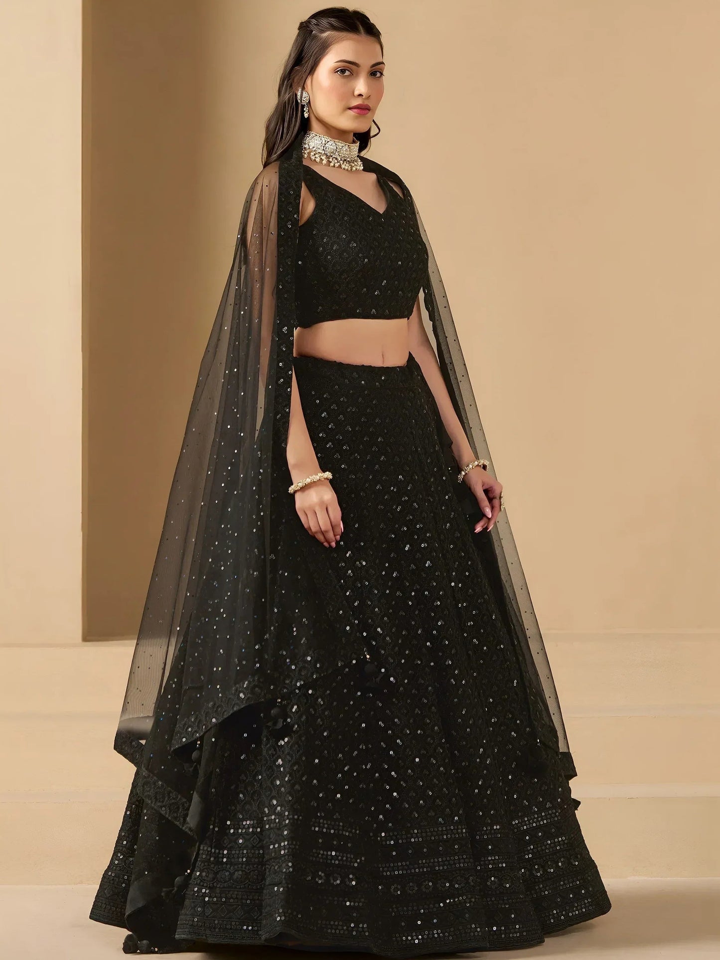 Tulsi Art Captivating Black Thread Work Georgette Party Wear Lehenga Choli