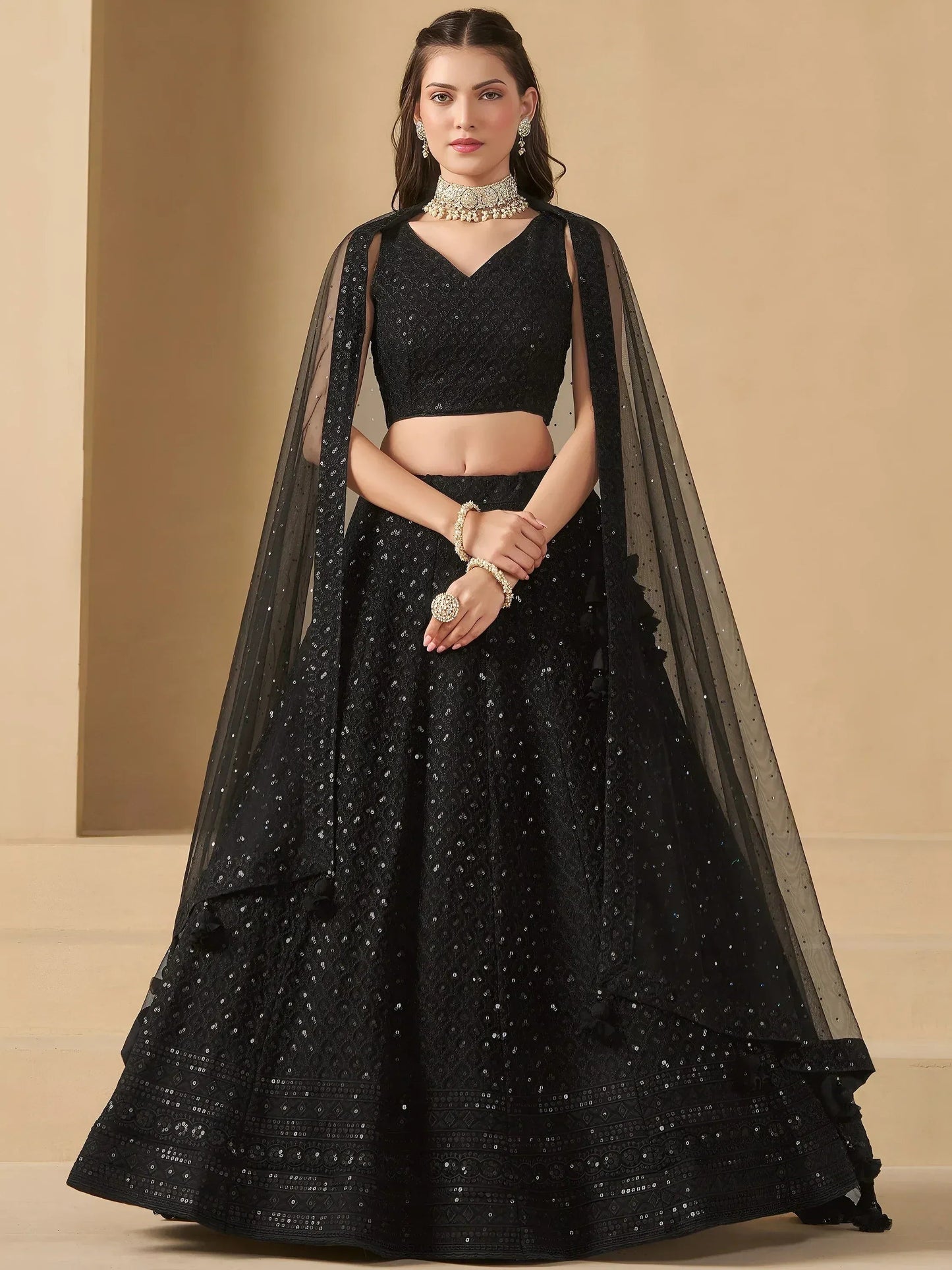Tulsi Art Captivating Black Thread Work Georgette Party Wear Lehenga Choli