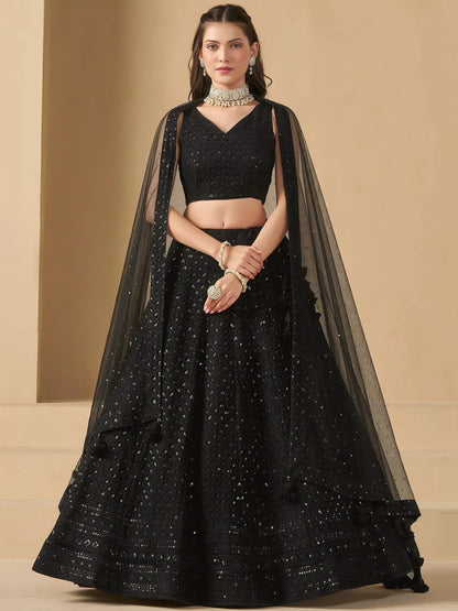 Tulsi Art Captivating Black Thread Work Georgette Party Wear Lehenga Choli