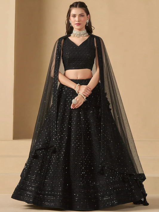 Tulsi Art Captivating Black Thread Work Georgette Party Wear Lehenga Choli