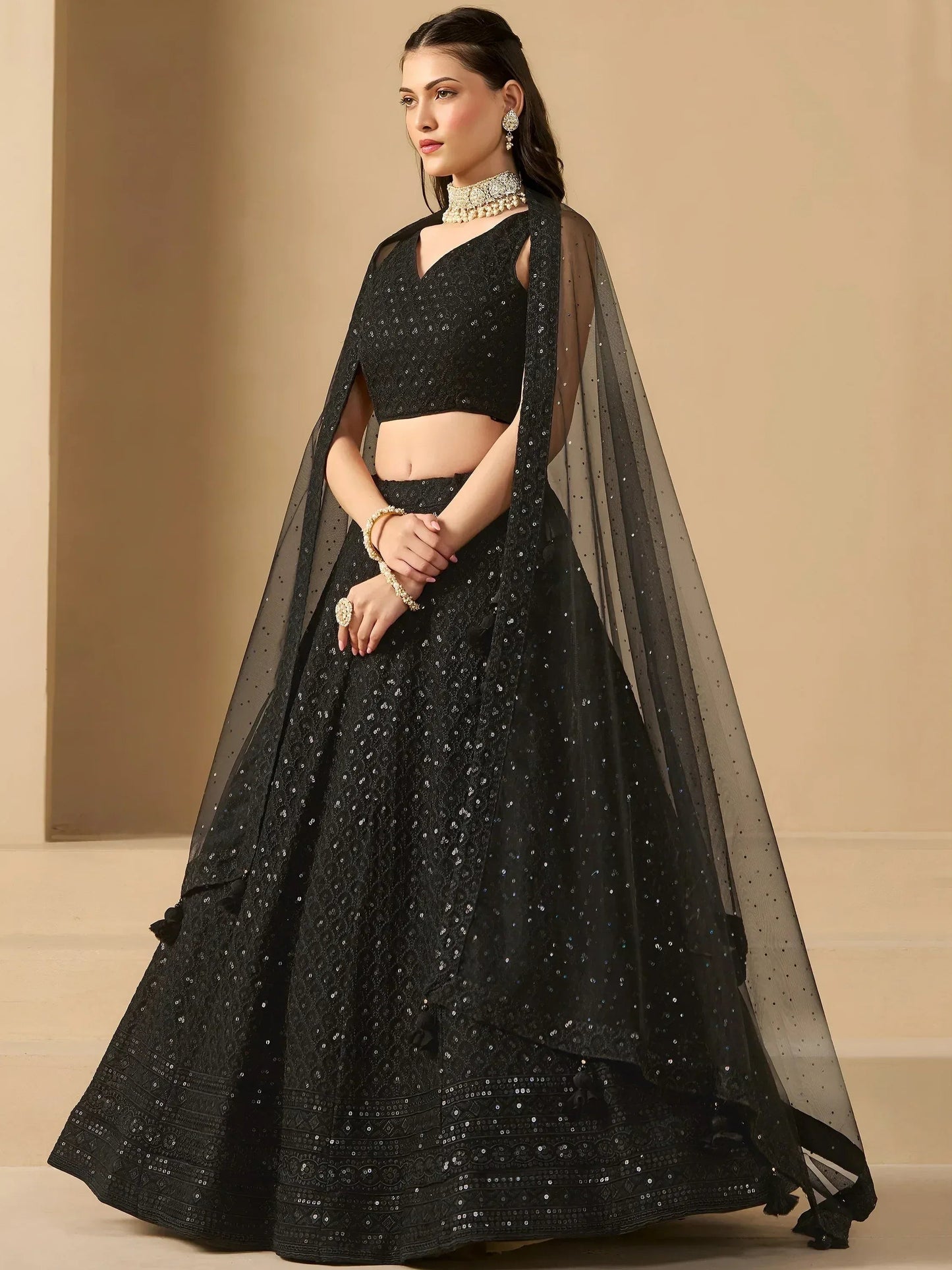 Tulsi Art Captivating Black Thread Work Georgette Party Wear Lehenga Choli