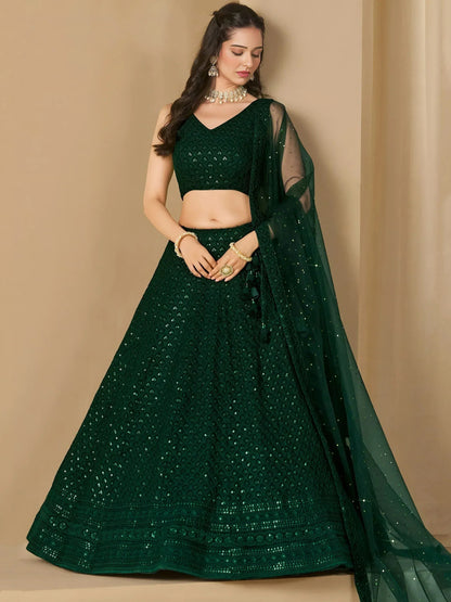Tulsi Art Amazing Bottle Green Sequins Work Georgette Mehendi Wear Lehenga Choli