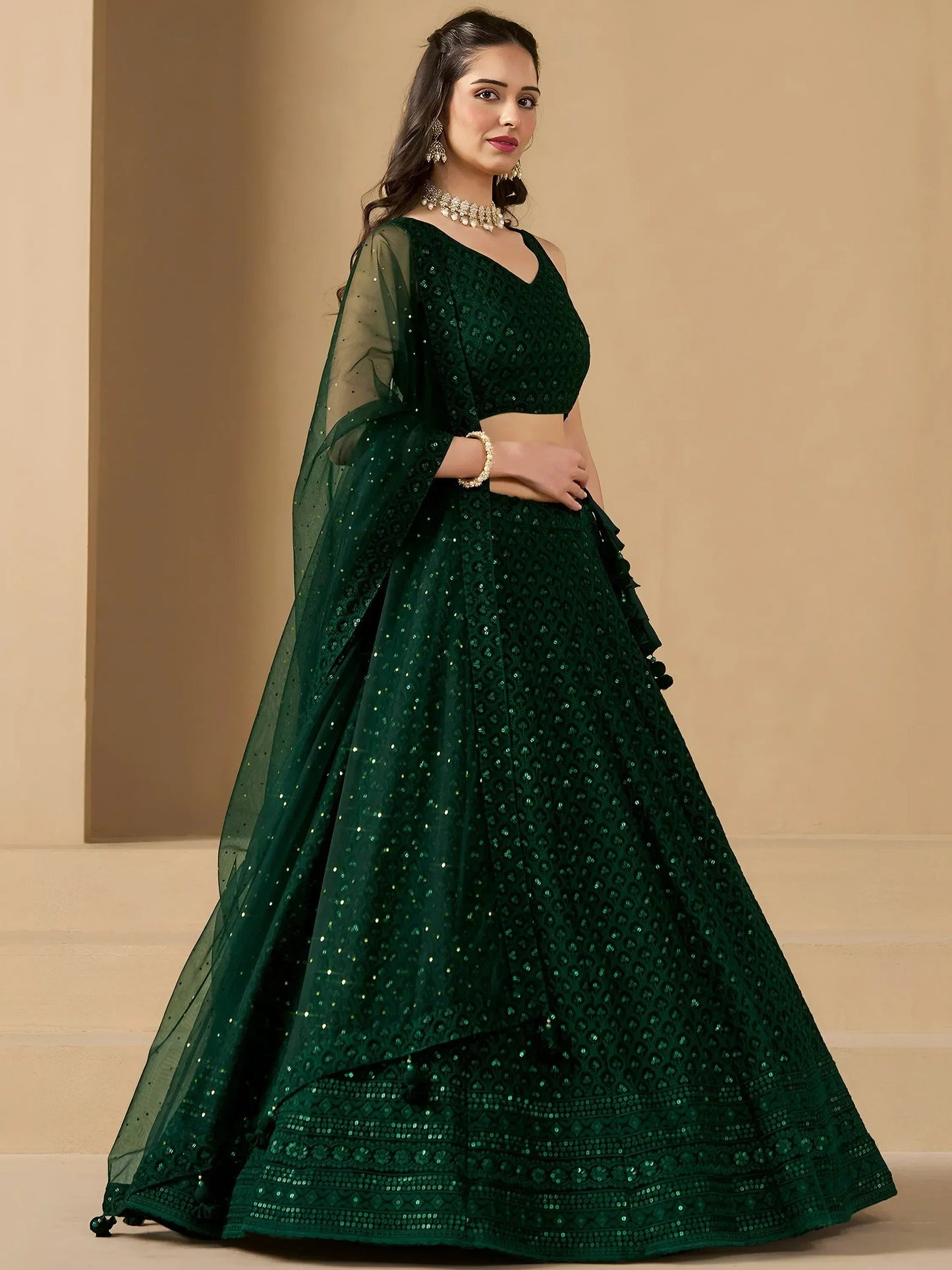 Tulsi Art Amazing Bottle Green Sequins Work Georgette Mehendi Wear Lehenga Choli