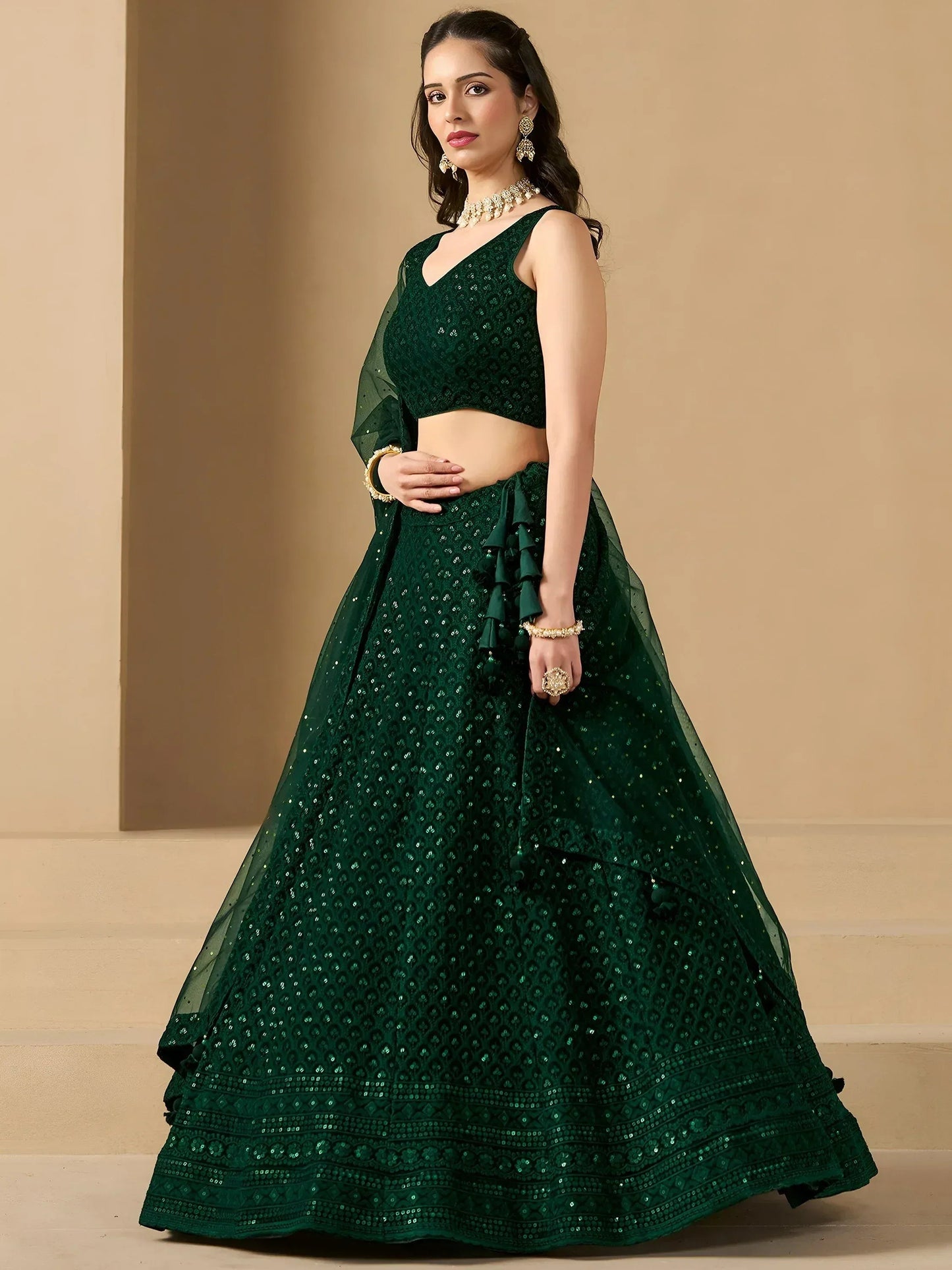 Tulsi Art Amazing Bottle Green Sequins Work Georgette Mehendi Wear Lehenga Choli