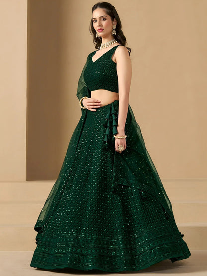 Tulsi Art Amazing Bottle Green Sequins Work Georgette Mehendi Wear Lehenga Choli