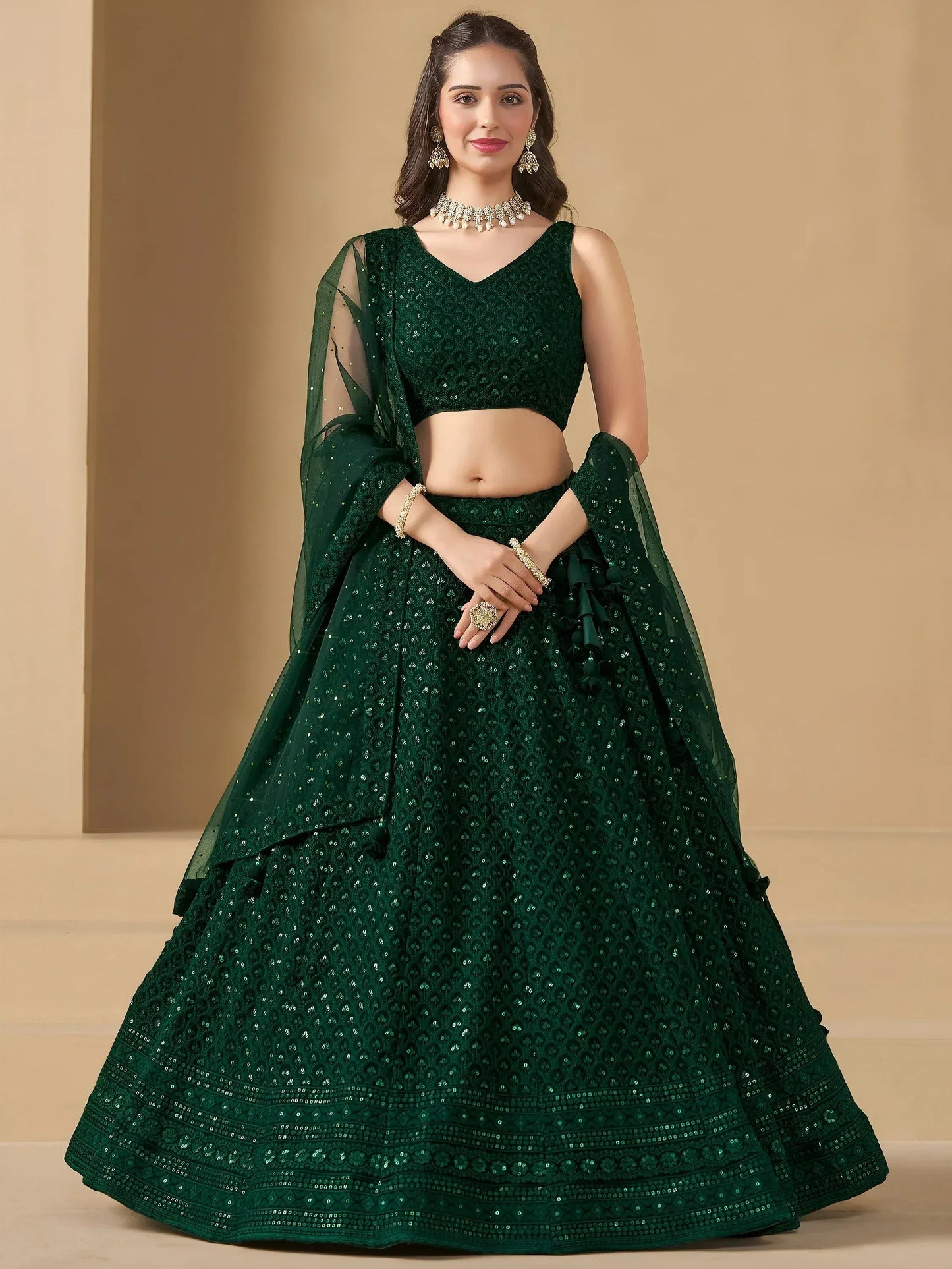 Tulsi Art Amazing Bottle Green Sequins Work Georgette Mehendi Wear Lehenga Choli