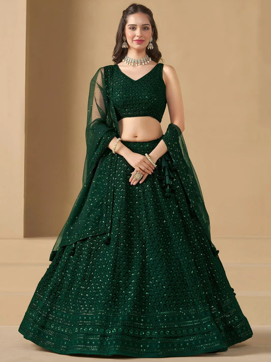Tulsi Art Amazing Bottle Green Sequins Work Georgette Mehendi Wear Lehenga Choli