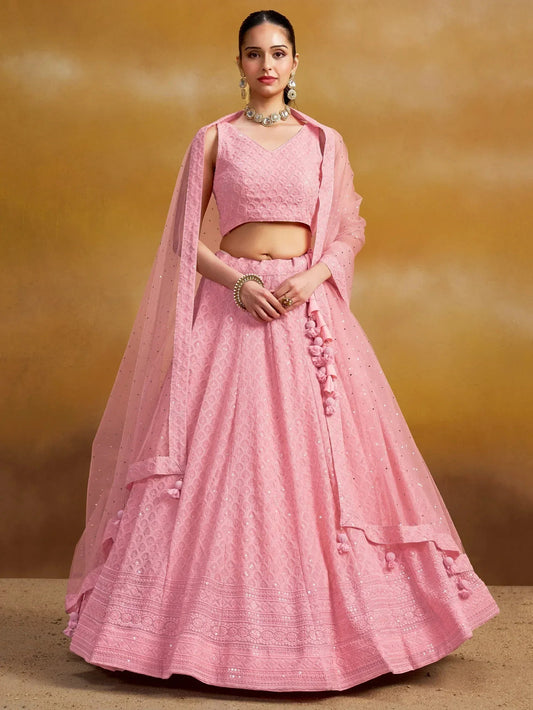 Tulsi Art Pretty Pink Thread Work Georgette Bridesmaid Lehenga Choli With Dupatta