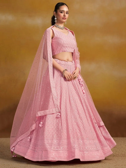 Tulsi Art Pretty Pink Thread Work Georgette Bridesmaid Lehenga Choli With Dupatta