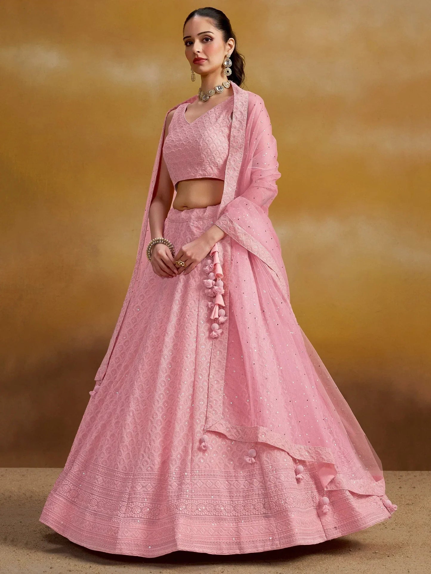 Tulsi Art Pretty Pink Thread Work Georgette Bridesmaid Lehenga Choli With Dupatta