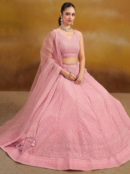Tulsi Art Pretty Pink Thread Work Georgette Bridesmaid Lehenga Choli With Dupatta