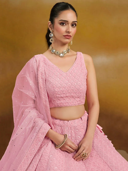 Tulsi Art Pretty Pink Thread Work Georgette Bridesmaid Lehenga Choli With Dupatta