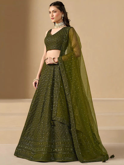 Tulsi Art Stunning Mehendi Green Sequins Georgette Monochrome Lehenga Choli