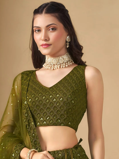 Tulsi Art Stunning Mehendi Green Sequins Georgette Monochrome Lehenga Choli