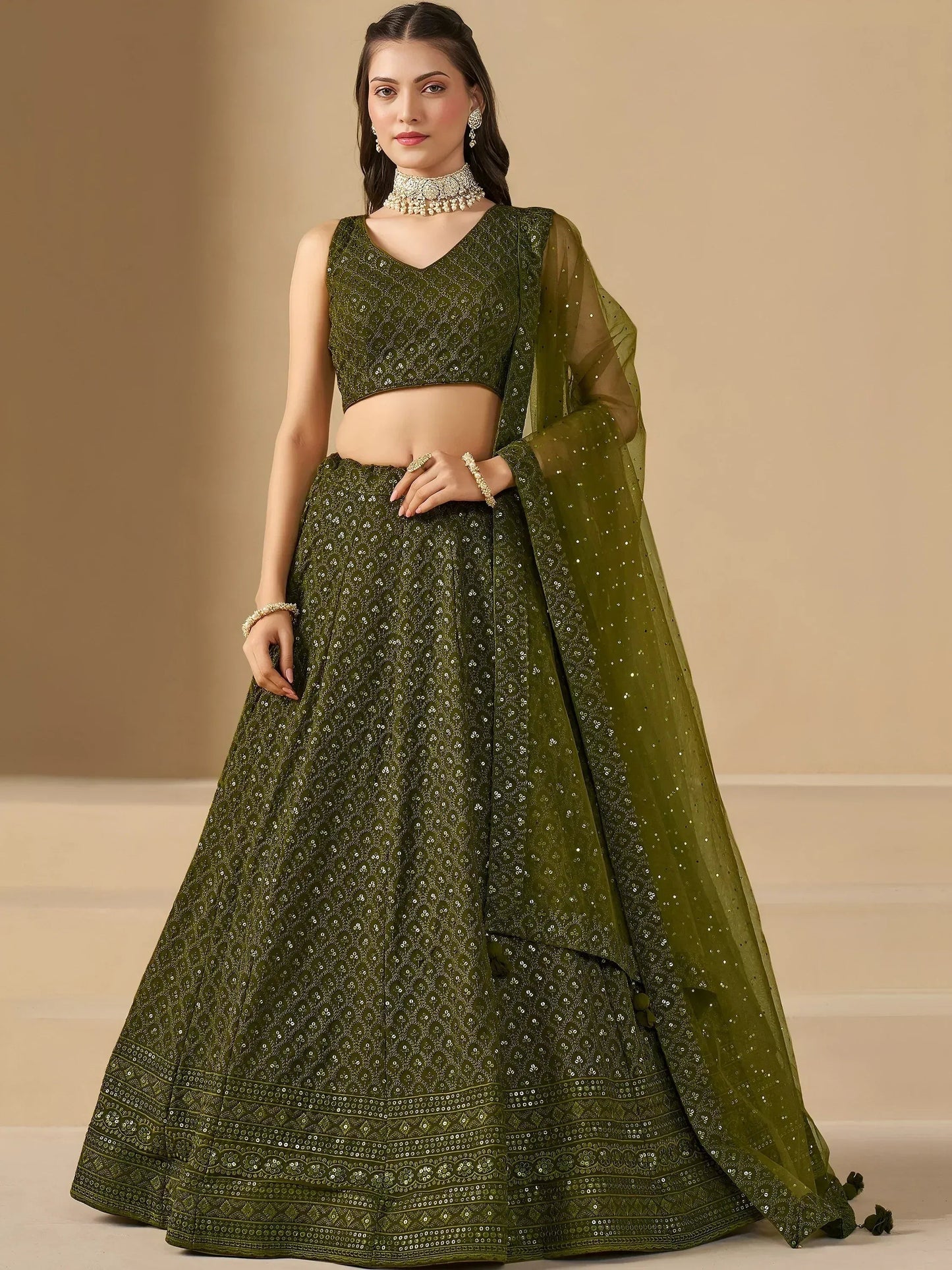 Tulsi Art Stunning Mehendi Green Sequins Georgette Monochrome Lehenga Choli