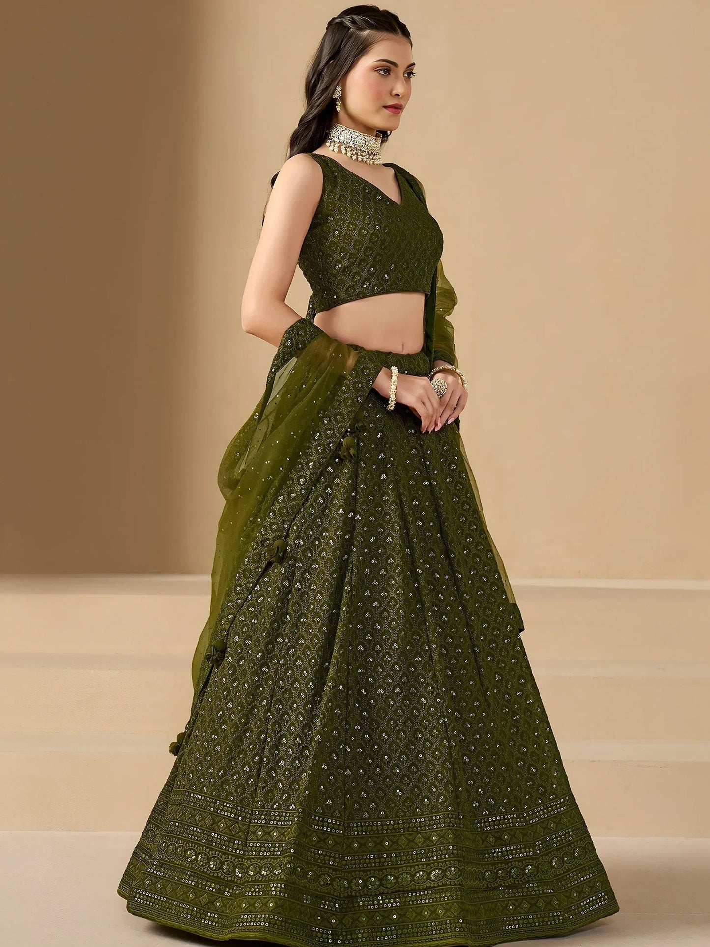 Tulsi Art Stunning Mehendi Green Sequins Georgette Monochrome Lehenga Choli