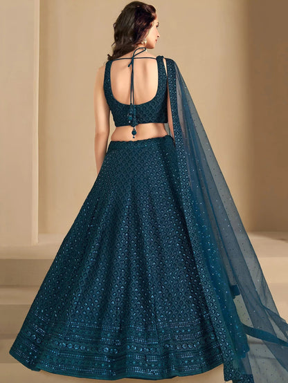 Tulsi Art Precious Teal Blue Thread Work Georgette Engagement Wear Lehenga Choli