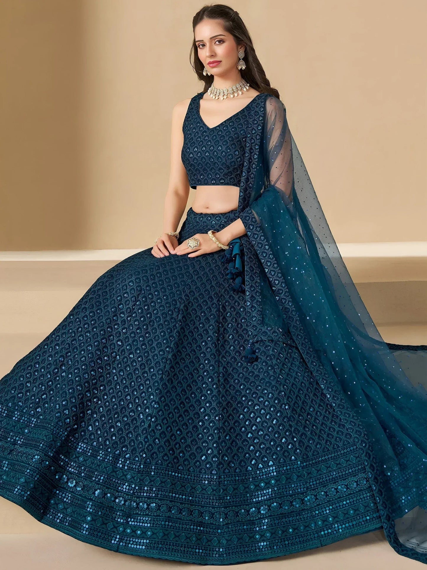 Tulsi Art Precious Teal Blue Thread Work Georgette Engagement Wear Lehenga Choli