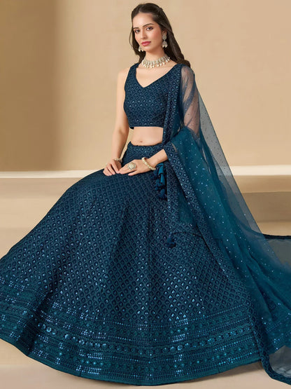 Tulsi Art Precious Teal Blue Thread Work Georgette Engagement Wear Lehenga Choli