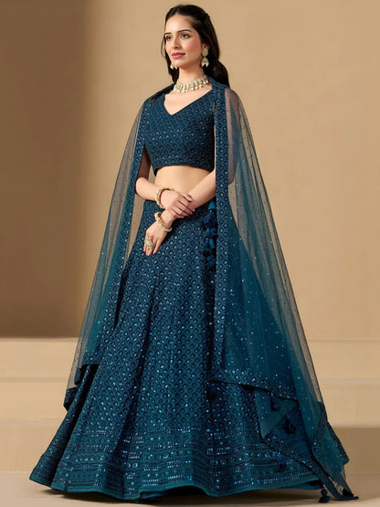 Tulsi Art Precious Teal Blue Thread Work Georgette Engagement Wear Lehenga Choli