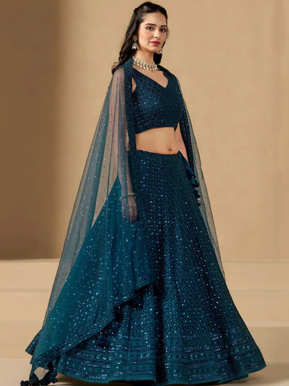 Tulsi Art Precious Teal Blue Thread Work Georgette Engagement Wear Lehenga Choli
