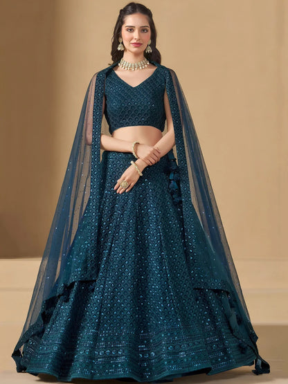 Tulsi Art Precious Teal Blue Thread Work Georgette Engagement Wear Lehenga Choli